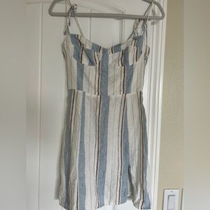 Reformation blue white brown mini linen dress with bustier and tied straps